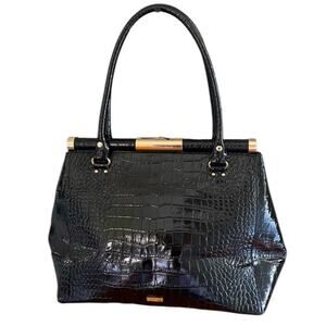 Kate Spade Knightsbridge Glossy Black Croc Embossed Satchel Handbag Dual Handles